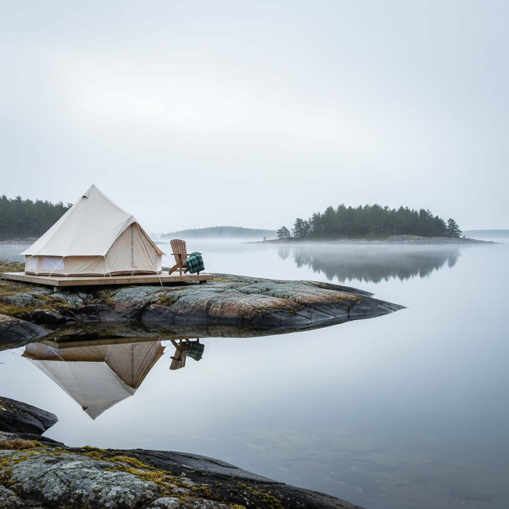 A quiet morning scene showing a single, high-quality canvas tent reflected in a mirror-like coastal lagoon at Tjälleviken. The tent rests on a minimalist wooden platform slightly elevated above the rocky shoreline, with a simple Adirondack-style chair and a folded wool blanket in muted forest green beside it. Mist hovers low over the water, partially veiling distant pine-covered islands. The pale early-morning light is cool and diffused, lending a soft silver tone to the sky and water, with subtle highlights on the canvas and wet rocks. Photographic realism, composed using the rule of thirds, with the tent off-center and strong leading lines from the shoreline. The mood is tranquil, introspective, and refined, emphasizing luxurious solitude in nature.