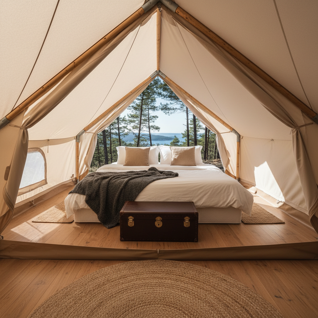 An elegant interior of a premium glamping tent, featuring a king-size bed with crisp white linen, a thick wool throw in muted charcoal, and plush sand-colored cushions. The bed stands on a natural oak platform over a woven jute rug, with a low leather trunk at the foot serving as a refined suitcase stand. Large, cream-colored canvas walls curve upward to a high peak, with an open front revealing glimpses of pine trees and a shimmering bay. Soft afternoon daylight filters through the tent fabric, creating warm, diffused illumination and gentle shadows. Photographic realism, eye-level composition, inviting and calm atmosphere, highlighting Scandinavian minimalism and discreet luxury in nature.