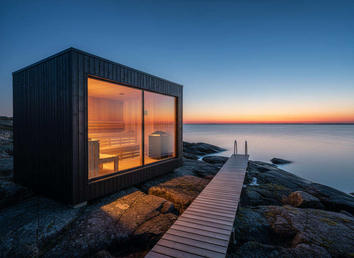 A polished wooden sauna cabin clad in dark, vertically aligned thermowood, situated on a rocky shoreline overlooking a glassy Nordic sea. The cabin’s large panoramic window reveals a warm, glowing interior with smooth aspen benches and a black stone heater. Outside, a narrow boardwalk of pale timber leads across lichen-covered rocks toward the water, where a simple stainless-steel ladder descends. Captured at blue hour with the last traces of sunset on the horizon, the cabin light spills softly onto the rocks, creating a striking contrast against the cool evening tones. Photographic realism, wide-angle composition, sophisticated and contemplative mood, ideal for showcasing elevated outdoor wellness experiences.