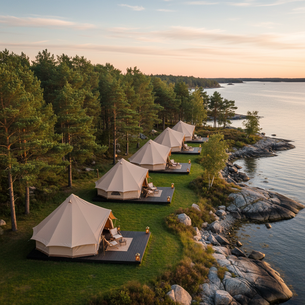A row of luxurious canvas glamping tents in soft sand-beige fabric, each with a dark timber deck and subtle brass lanterns, set along a tranquil forest edge overlooking a calm Scandinavian bay. The tents are neatly spaced on manicured grass, with natural granite rocks and low coastal shrubs framing the shoreline. Captured in warm golden hour light, the sky glows in pale pinks and soft blues, reflecting on the still water. Photographic realism from a slightly elevated angle, with sharp focus throughout. The mood is serene, sophisticated, and exclusive, emphasizing refined outdoor living and the seamless meeting between Nordic nature and understated luxury.