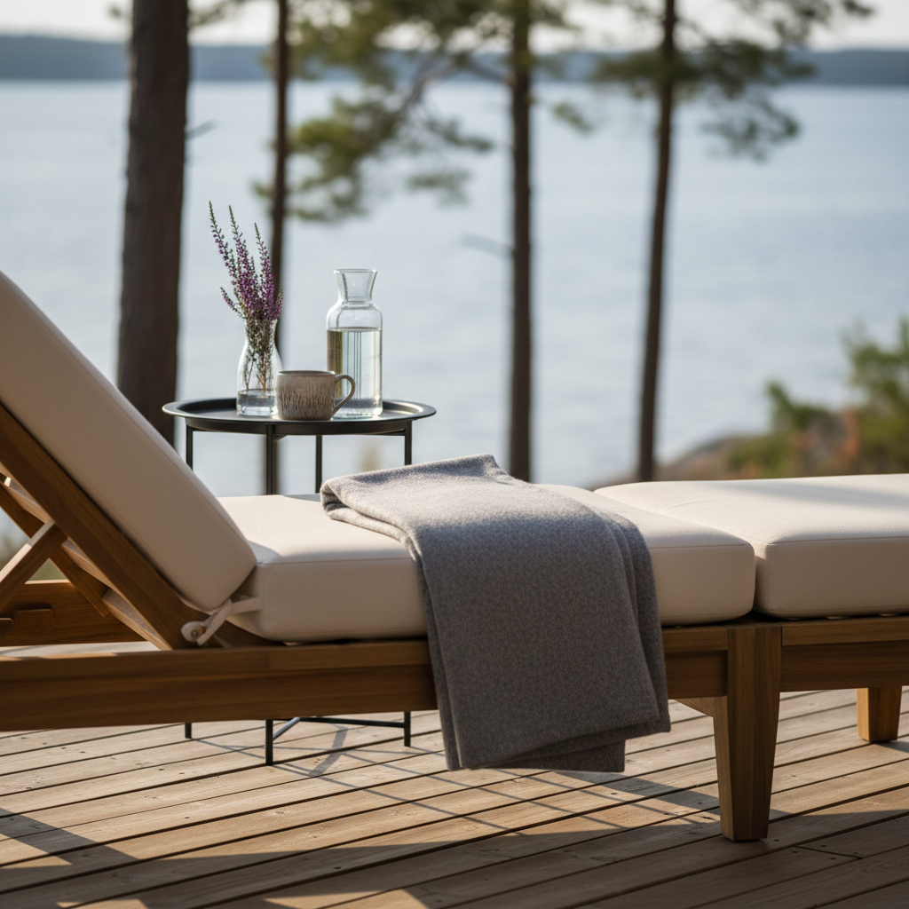 A close-up, detail-focused scene of a glamping deck corner at Tjälleviken, featuring a low, teak outdoor lounge chair with thick, off-white cushions and a neatly folded gray cashmere throw. Beside it stands a small round side table in black powder-coated metal bearing a ceramic mug, a glass carafe of water, and a small vase with a single sprig of heather. The background shows blurred hints of pine trunks and the soft blue of the bay. Captured in gentle late-afternoon sunlight that creates delicate highlights on the fabric textures and subtle shadows on the wooden deck. Photographic realism, shallow depth of field, sophisticated and calm atmosphere, accentuating tactile materials and understated Nordic luxury outdoors.