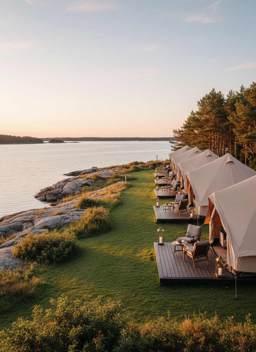 A row of luxurious canvas glamping tents in soft sand-beige fabric, each with a dark timber deck and subtle brass lanterns, set along a tranquil forest edge overlooking a calm Scandinavian bay. The tents are neatly spaced on manicured grass, with natural granite rocks and low coastal shrubs framing the shoreline. Captured in warm golden hour light, the sky glows in pale pinks and soft blues, reflecting on the still water. Photographic realism from a slightly elevated angle, with sharp focus throughout. The mood is serene, sophisticated, and exclusive, emphasizing refined outdoor living and the seamless meeting between Nordic nature and understated luxury.