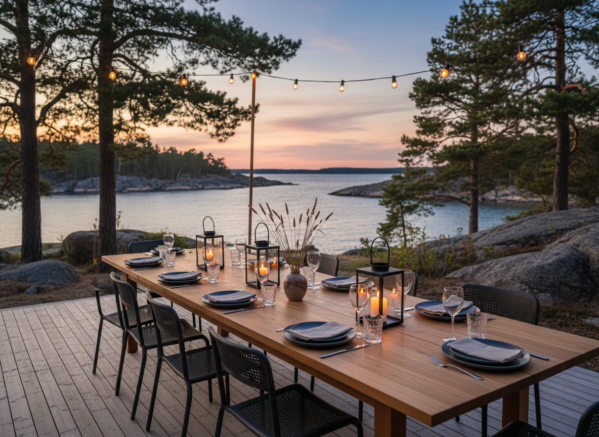 A meticulously set outdoor dining area on a spacious wooden deck overlooking Tjälleviken’s calm coastal inlet. A long, solid oak table stands at the center, topped with slate-gray stoneware plates, crystal-clear water glasses, and linen napkins in muted sand tones. Low, black metal lanterns hold flickering candles, and a small vase of wild coastal grasses adds a refined natural accent. Surrounding the deck, pine trees and smooth granite rocks frame glimpses of the serene water. Shot during the blue-golden transition of sunset with string lights casting a warm, gentle glow and soft shadows. Photographic realism, shot at eye level with a shallow depth of field focused on the table setting, creating an intimate, exclusive atmosphere for sophisticated outdoor dining.
